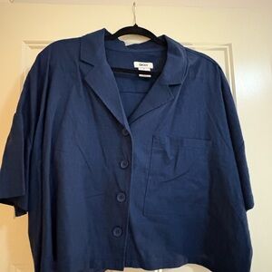 DKNY Navy Blue Linen Cropped Button Down Shirt